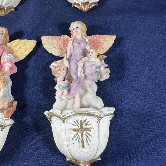 Set Of 4 Vintage Magnetic Angel Holy Water Font With Children & Cross Details - Picture 6 of 6